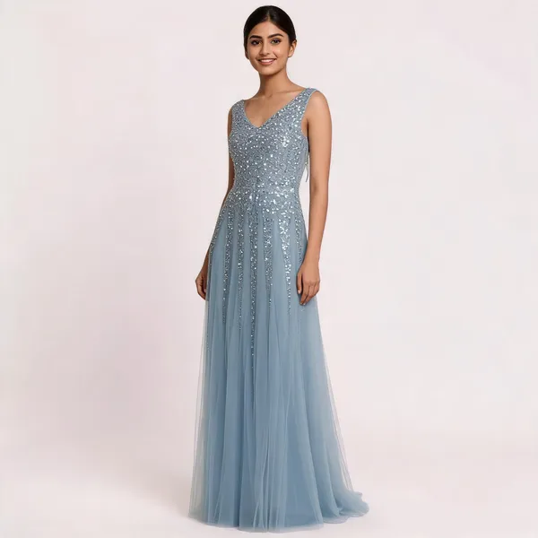 Light_Blue_Net_Sequin_Sleeveless_Long_Gown_For_Women