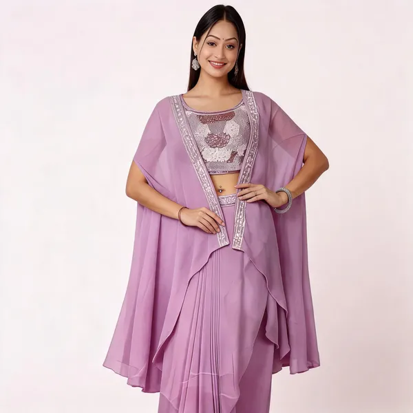Lavender_Georgette_Embellished_Indo_Western_Saree_Set_For_Women