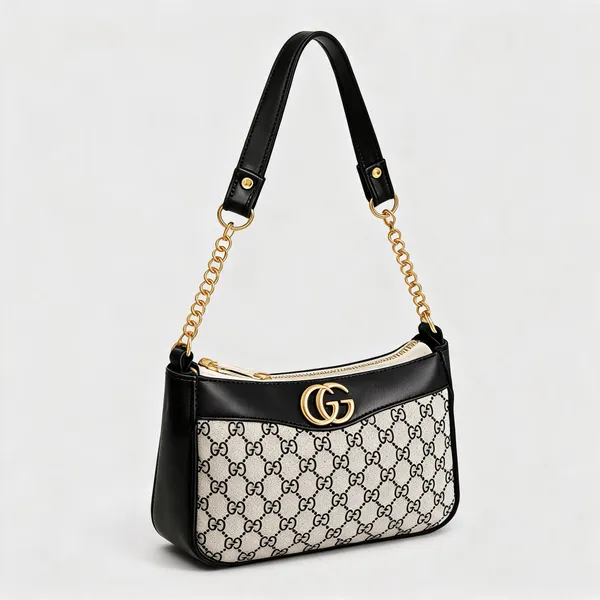 Black_Pu_Leather_Monogram_Print_Zip_Top_Shoulder_Bag_For_Women