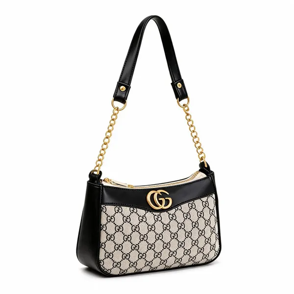Black_Pu_Leather_Monogram_Chain_Strap_Shoulder_Bag_For_Women