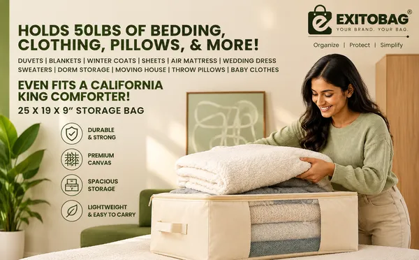 EXITOBAG_Extra_Large_Storage_Box_Soft_Canvas_Storage_Bags_with_Zipper_4-Carrying_Handles_and_Window_25x19x9_inch_Bag_for_Blankets_Pillows,Woman_Dresses,Sarees,Lehengas_for_Wardrobe_Organizer_(PACK_OF_2)