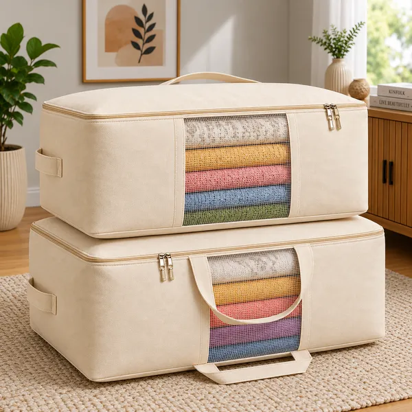 EXITOBAG_Extra_Large_Storage_Box_Soft_Canvas_Storage_Bags_with_Zipper_4-Carrying_Handles_and_Window_25x19x9_inch_Bag_for_Blankets_Pillows,Woman_Dresses,Sarees,Lehengas_for_Wardrobe_Organizer_(PACK_OF_2)