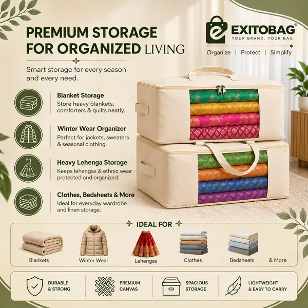 EXITOBAG_Extra_Large_Storage_Box_Soft_Canvas_Storage_Bags_with_Zipper_4-Carrying_Handles_and_Window_25x19x9_inch_Bag_for_Blankets_Pillows,Woman_Dresses,Sarees,Lehengas_for_Wardrobe_Organizer_(PACK_OF_2)