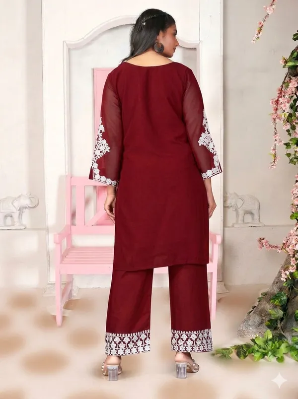 Maroon_Georgette_Kurta_Pant_Set_For_Women