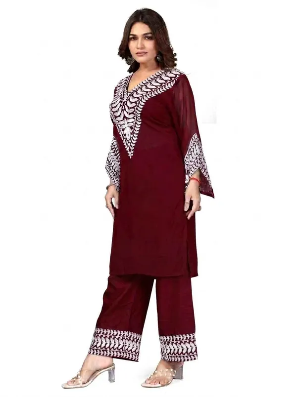 Maroon_Georgette_Kurta_Pant_Set_For_Women