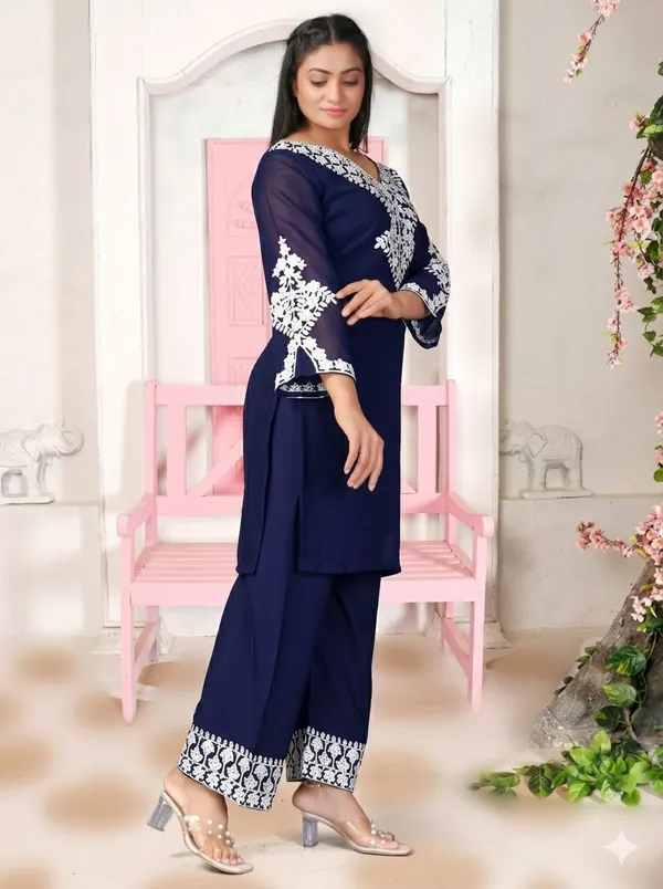 Black_And_Navy_Blue_Georgette_Kurta_Pant_Set_For_Women_Pack_Of_2