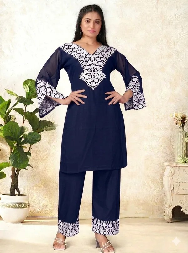 Navy_Blue_Georgette_Kurta_Pant_Set_For_Women