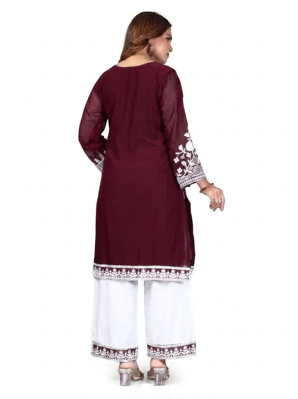 Maroon_Georgette_Kurta_Pant_Set_For_Women