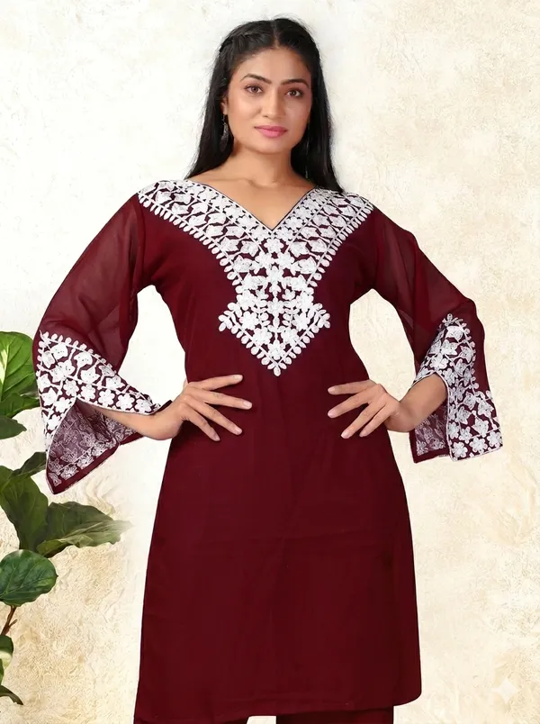 Maroon_Georgette_Kurta_Pant_Set_And_Red_Georgette_3_Piece_Set_For_Women_Pack_Of_2