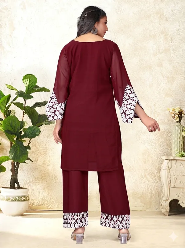 Maroon_Georgette_Kurta_Pant_Set_And_Red_Georgette_3_Piece_Set_For_Women_Pack_Of_2