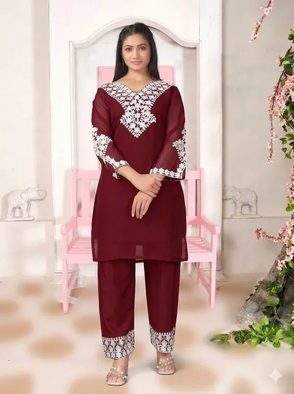 Maroon_Georgette_Kurta_Pant_Set_For_Women
