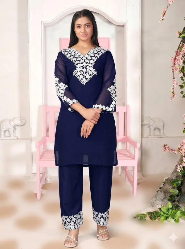 Black_And_Navy_Blue_Georgette_Kurta_Pant_Set_For_Women_Pack_Of_2