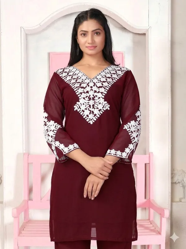 Maroon_Georgette_Kurta_Pant_Set_For_Women