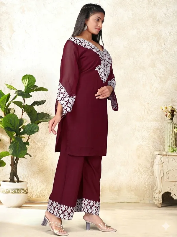 Maroon_Georgette_Kurta_Pant_Set_And_Red_Georgette_3_Piece_Set_For_Women_Pack_Of_2