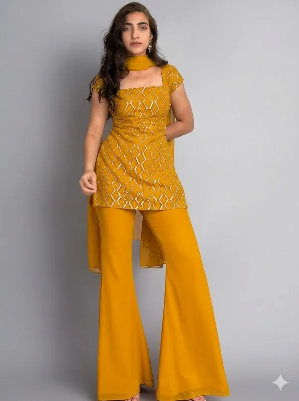 Yellow_Georgette_3_Piece_Set_And_Black_Georgette_Kurta_Pant_Set_For_Women_Pack_Of_2
