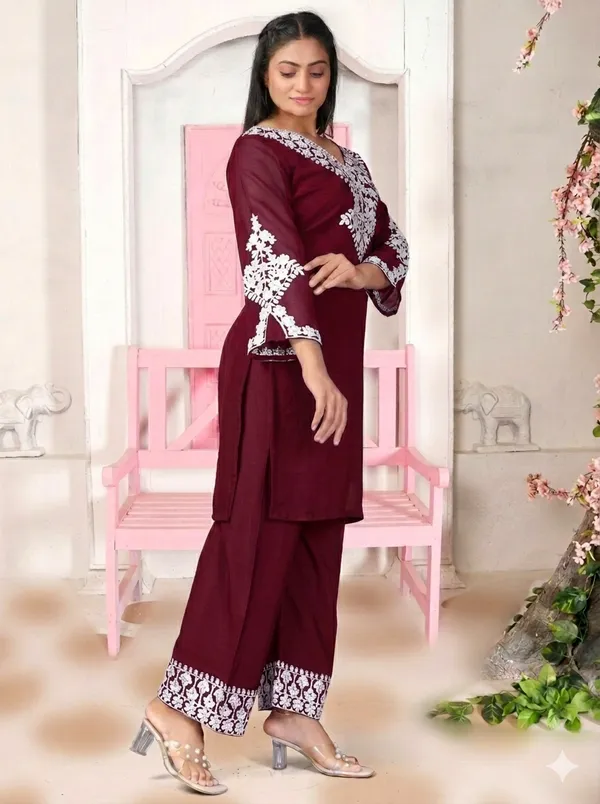 Maroon_Georgette_Kurta_Pant_Set_For_Women
