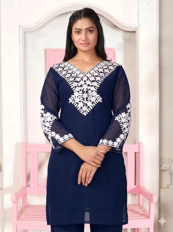 Black_And_Navy_Blue_Georgette_Kurta_Pant_Set_For_Women_Pack_Of_2