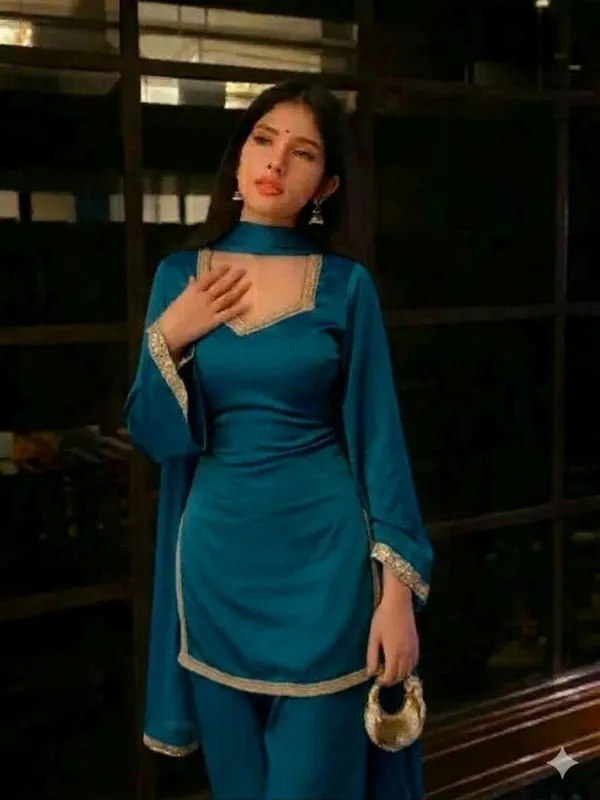 Blue_Georgette_3_Piece_Set_And_Green_Georgette_Kurta_Pant_Set_For_Women_Pack_Of_2