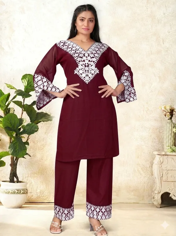 Maroon_Georgette_Kurta_Pant_Set_And_Red_Georgette_3_Piece_Set_For_Women_Pack_Of_2