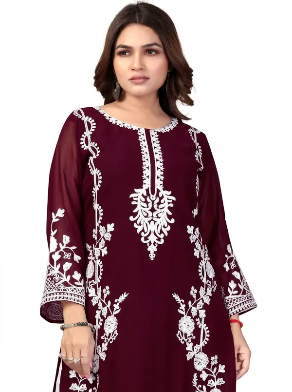 Maroon_Georgette_Kurta_Pant_Set_For_Women