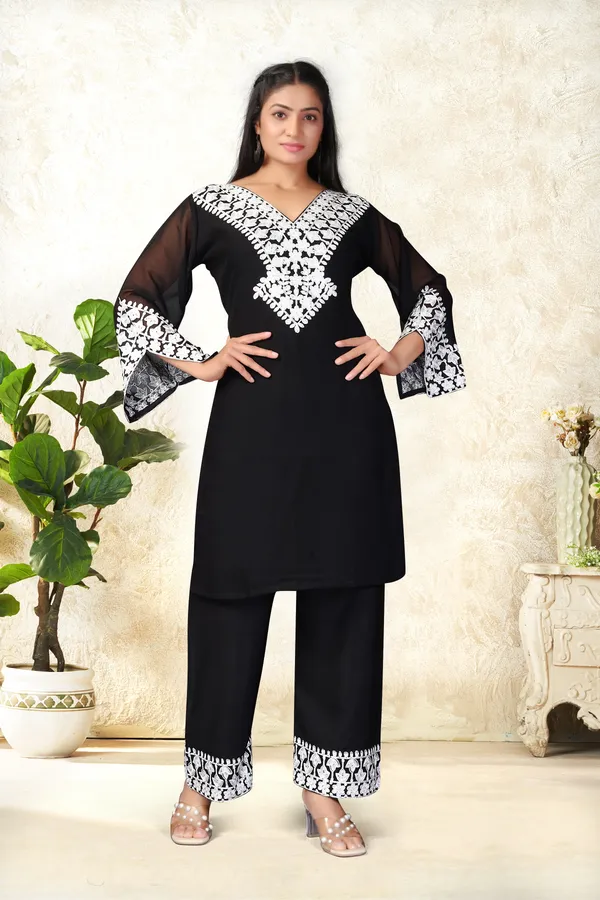 Yellow_Georgette_3_Piece_Set_And_Black_Georgette_Kurta_Pant_Set_For_Women_Pack_Of_2