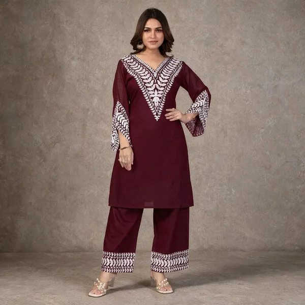 Maroon_Georgette_Kurta_Pant_Set_For_Women