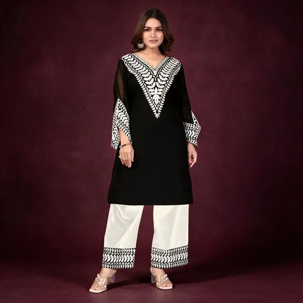 Black_Georgette_Kurta_Pant_Set_For_Women