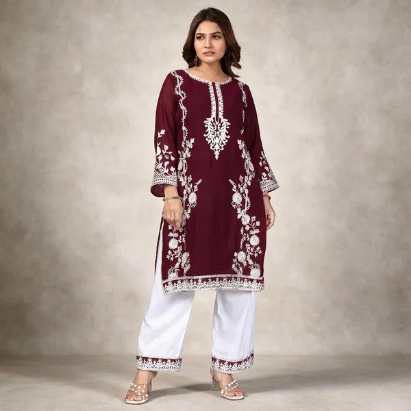 Maroon_Georgette_Kurta_Pant_Set_For_Women