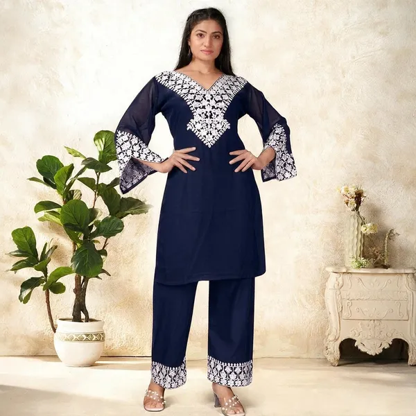 Navy_Blue_Georgette_Kurta_Pant_Set_For_Women