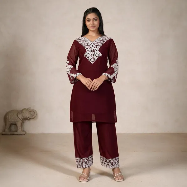 Maroon_Georgette_Kurta_Pant_Set_For_Women