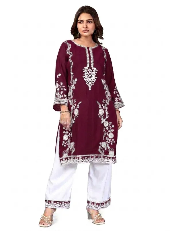 Maroon_Georgette_Kurta_Pant_Set_For_Women
