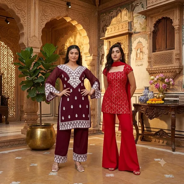 Maroon_Georgette_Kurta_Pant_Set_And_Red_Georgette_3_Piece_Set_For_Women_Pack_Of_2