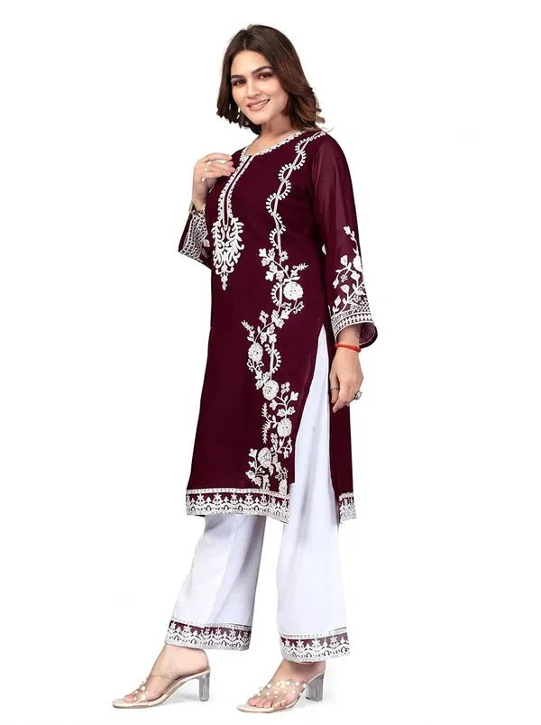 Maroon_Georgette_Kurta_Pant_Set_For_Women