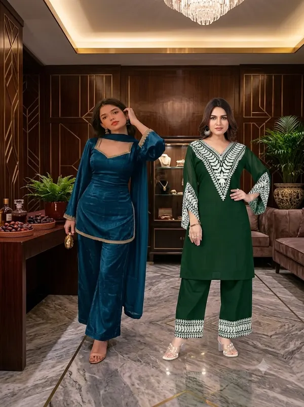 Blue_Georgette_3_Piece_Set_And_Green_Georgette_Kurta_Pant_Set_For_Women_Pack_Of_2