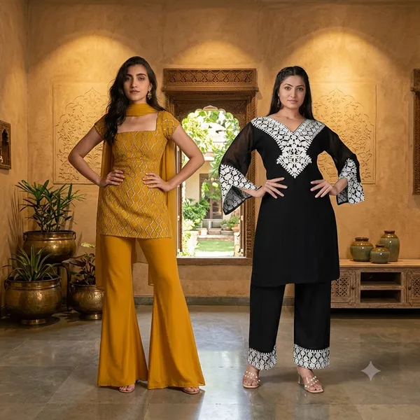 Yellow_Georgette_3_Piece_Set_And_Black_Georgette_Kurta_Pant_Set_For_Women_Pack_Of_2
