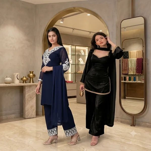Black_And_Navy_Blue_Georgette_Kurta_Pant_Set_For_Women_Pack_Of_2