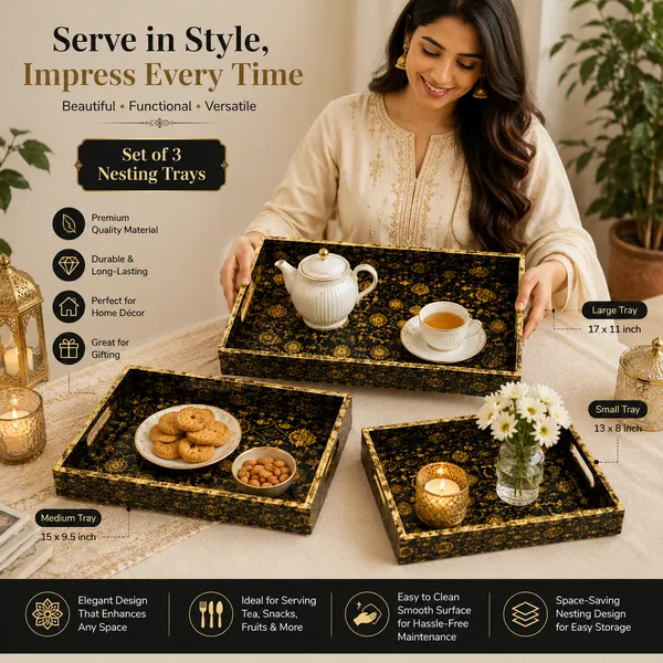 Decorative_Serving_Trays_Set_Of_3_|_Black_And_Gold_Intricate_Mughal_Floral_Pattern_Nesting_Trays_With_Side_Handles_For_Coffee_Table,_Dining,_Kitchen,_And_Home_Decor