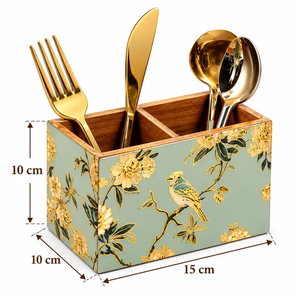 Wooden_Cutlery_Holder_And_Spoon_Stand_For_Dining_Table_–_Sage_Green_Hand-Painted_Bird_&_Floral_Design,_2-Compartment_Kitchen_Organizer_Caddy