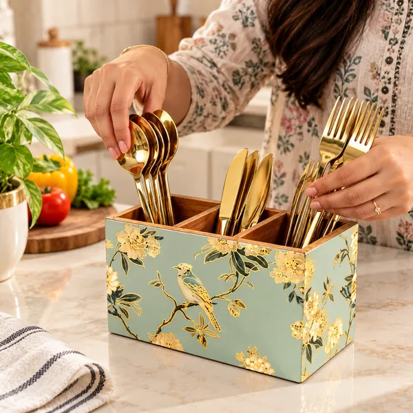 Wooden_Cutlery_Holder_And_Spoon_Stand_For_Dining_Table_–_Sage_Green_Hand-Painted_Bird_&_Floral_Design,_2-Compartment_Kitchen_Organizer_Caddy
