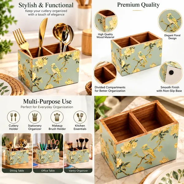 Wooden_Cutlery_Holder_And_Spoon_Stand_For_Dining_Table_–_Sage_Green_Hand-Painted_Bird_&_Floral_Design,_2-Compartment_Kitchen_Organizer_Caddy