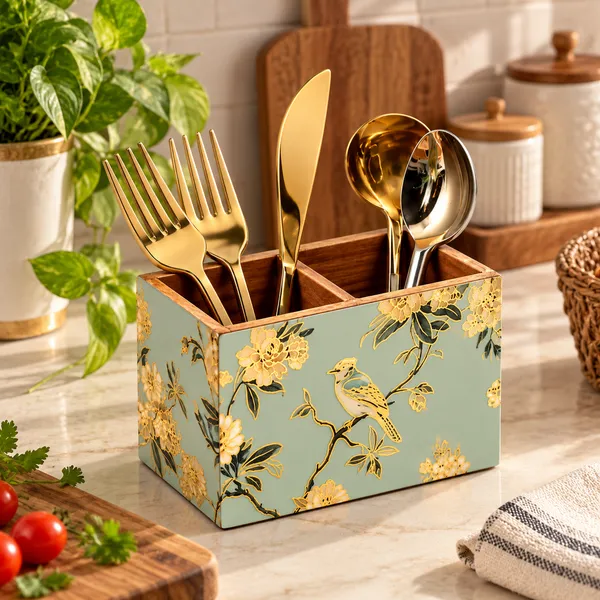 Wooden_Cutlery_Holder_And_Spoon_Stand_For_Dining_Table_–_Sage_Green_Hand-Painted_Bird_&_Floral_Design,_2-Compartment_Kitchen_Organizer_Caddy