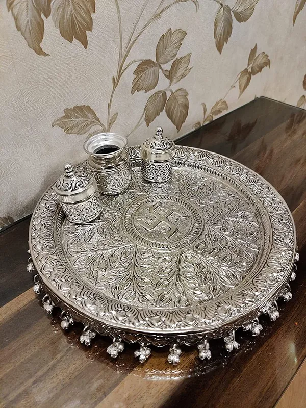 German_Silver_Traditional_Pooja_Thali_Set_With_Stand_Pack_Of_4