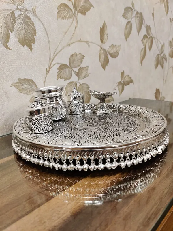 German_Silver_Pooja_Thali_With_Stand_Set