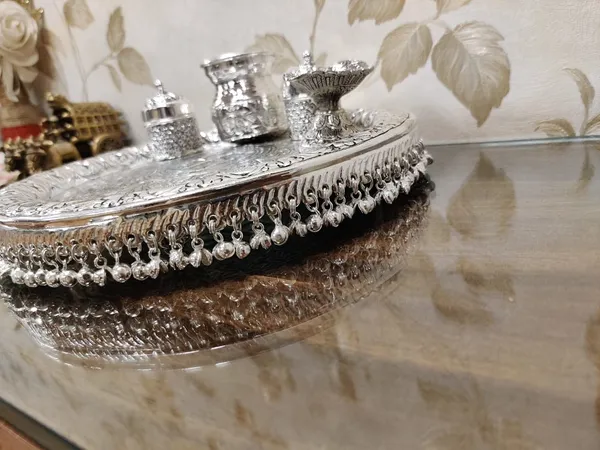 German_Silver_Pooja_Thali_With_Stand_Set