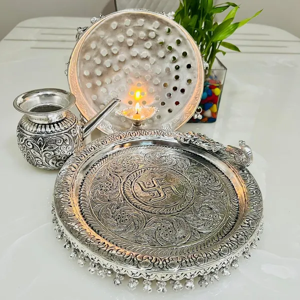 German_Silver_Engraved_Traditional_Pooja_Thali_Set_Pack_Of_4