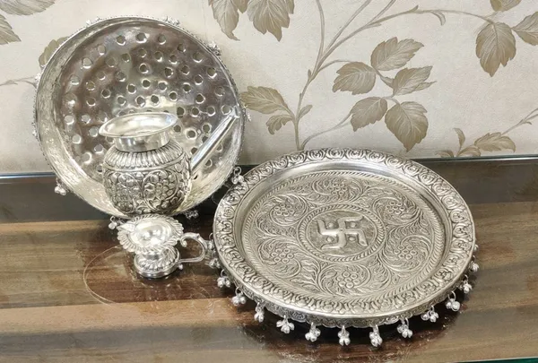 German_Silver_Engraved_Traditional_Pooja_Thali_Set_Pack_Of_4