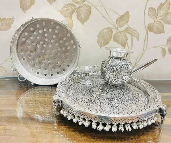 German_Silver_Engraved_Traditional_Pooja_Thali_Set_Pack_Of_4
