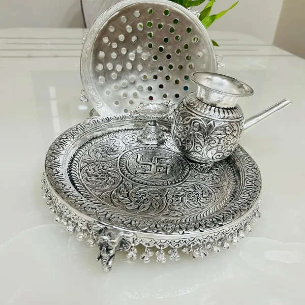 German_Silver_Engraved_Traditional_Pooja_Thali_Set_Pack_Of_4