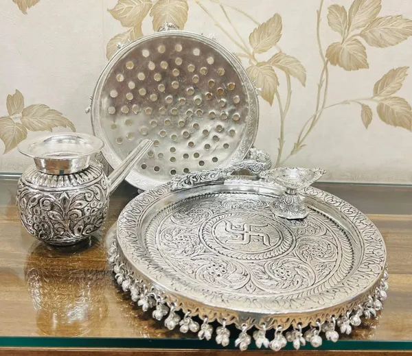 German_Silver_Engraved_Traditional_Pooja_Thali_Set_Pack_Of_4