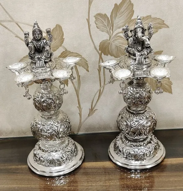 German_Silver_Antique_Engraved_Ganesha_Pooja_Diya_Stand_Pair